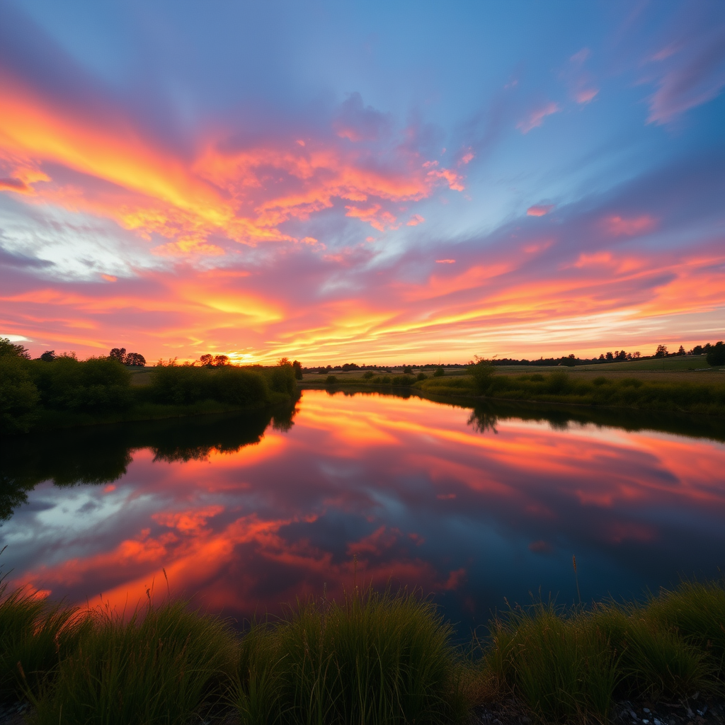 Generate a high-resolution image of a peaceful landscape during sunset, with vibrant colors in the sky reflecting on a calm lake, captured with a DSLR camera at f/2.8 aperture, ISO 200, 1/200 sec shutter speed, using a wide-angle lens from a slightly elevated viewpoint for a panoramic effect.