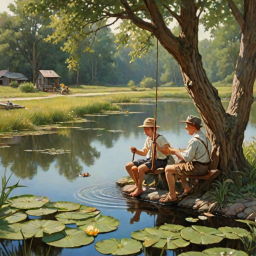 Imagine a small group of old fashioned young boys out fishing by the creek, a swing hanging from a tree branch, reeds and grasses by the water's edge, a frog sitting on a lily pad, dragonflies hovering over som water plans, a very iconic old fashioned scene reminiscent of a Norman Rockwell painting style