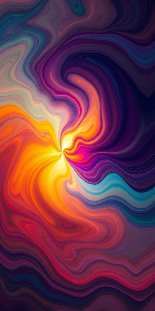 Create a vibrant abstract digital painting with swirling colors and smooth gradients, featuring a central light area surrounded by rich, dark tones, shot with a Canon EOS R5, 50mm lens, f/1.8 aperture, ISO 100, in natural lighting for enhanced clarity and depth.