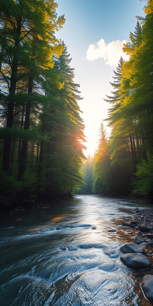 Create an image of a serene, sunlit forest scene with a clear, gently flowing river. Tall trees with lush green foliage line both sides of the river, their leaves bathed in the warm golden light of the setting or rising sun. The sunlight filters through the trees, casting soft, dappled light on the river, which flows over smooth rocks and pebbles, creating a peaceful, natural atmosphere. The sky is bright with a few scattered clouds, and the overall mood is tranquil, evoking a deep sense of connection with nature. The image captures the beauty of a calm, pristine forest landscape at either dawn or dusk.