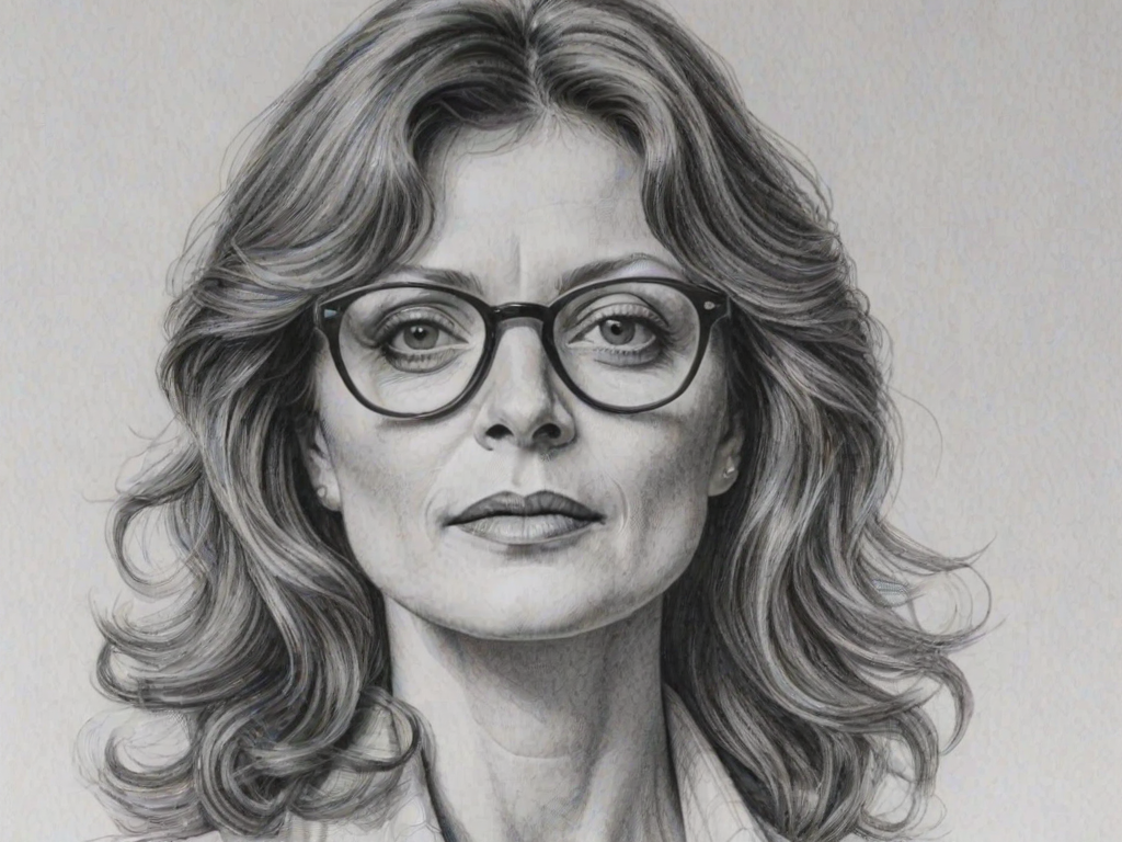 Stunning Susan Sarandon, pencil sketch, portrait of Magnificent woman 1979s in glasses, hair style beatnik, outline, clear lines, fine lines, 8k