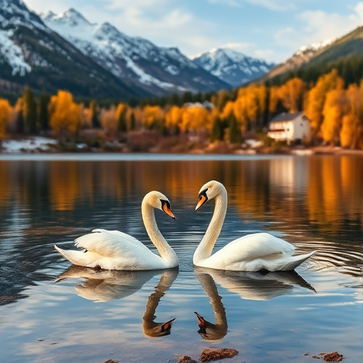 Create an image of two swans by a serene lake surrounded by colorful autumn trees and snowy mountains in the background, using a DSLR camera with a 50mm lens, aperture f/2.8, ISO 100, and a shallow depth of field for enhanced sharpness and clarity, capturing the vibrant colors and reflections in the water.