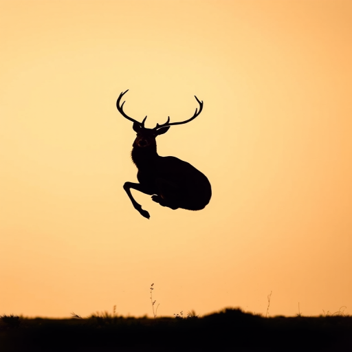 Create a high-resolution image of a leaping deer silhouette against a soft gradient background, using a DSLR camera with a 50mm lens at f/1.8, ISO 100, and a shutter speed of 1/250s, capturing a dynamic action shot with a wide aperture to enhance the depth of field and clarity.