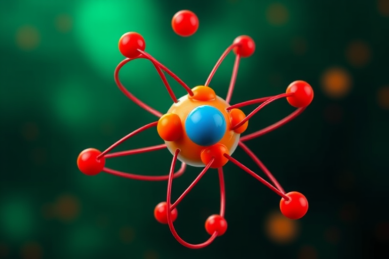 Create a high-resolution image of an atom with a green background, featuring a nucleus composed of orange and blue spheres and red electron orbits, shot with a DSLR camera at f/8, ISO 100, 1/200 sec, in a macro view with a vibrant and sharp clarity.