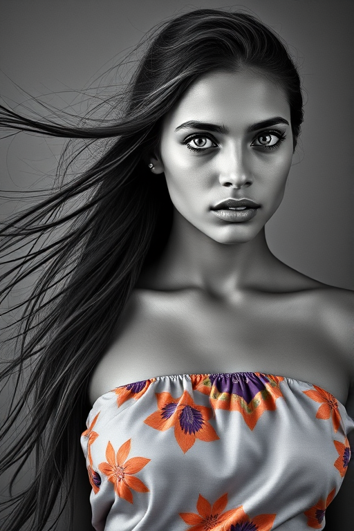 Photographic image of a beautiful young Guarani woman, white eyes, lips with cyan lipstick, long hair fluttering in the wind and wearing a silk strapless dress with a soft purple and orange print. monochrome image with only color highlights in the iris of the eyes, lipstick and dress. Gray background.