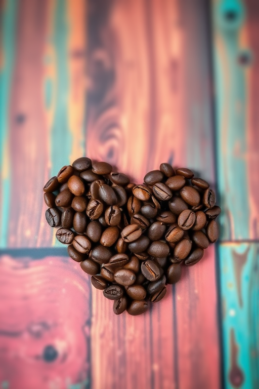heart shape made of coffee beans with a blurred colorful background, taken with a Canon EOS R5, 50mm f/1.2 lens, aperture f/2.8, ISO 100, natural light, top-down view, high dynamic range, focus on coffee beans for enhanced texture and detail