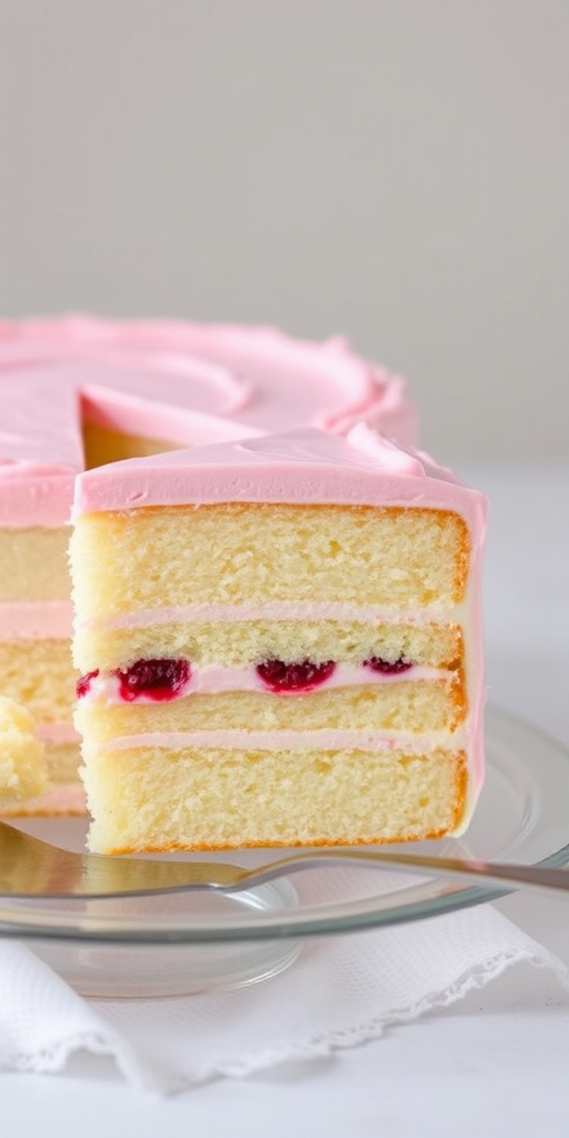 A slice of layered vanilla cake with pink frosting on top and raspberry filling in the middle placed on a clear glass plate with a metal cake server beside it. The background is softly blurred and neutral in color.