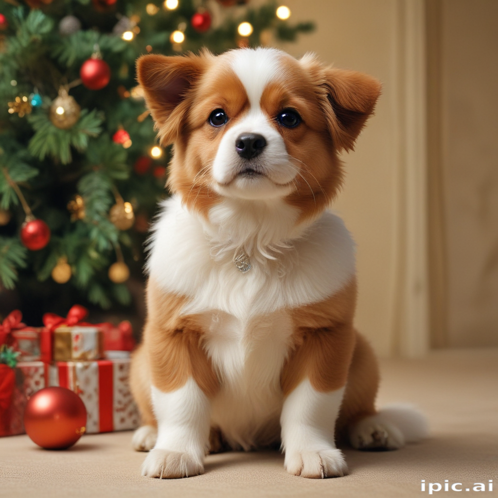A Cute Puppy Sitting in Front of a Christmas Tree with Gifts.