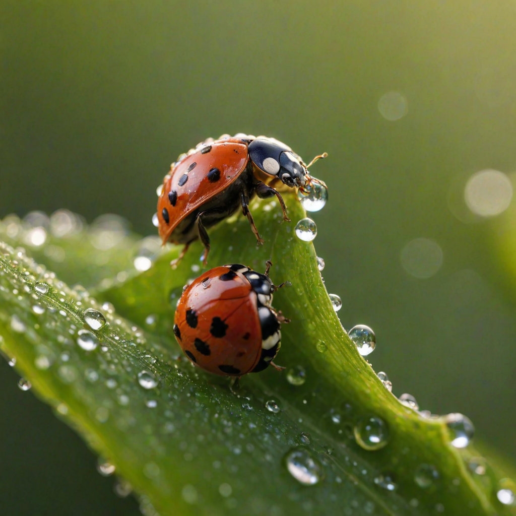 Sharp, detailed close-up of a ladybug crawling across a dewdrop-covered leaf, soft sunlight illuminating the tiny droplets, with distant flowers blurred in the background.