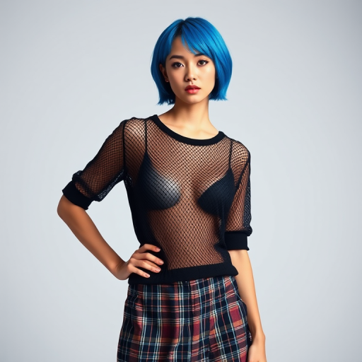 Generate a high-quality fashion portrait of a model with short blue hair wearing a black mesh shirt and a plaid skirt, standing confidently with one hand on her hip, lit with soft studio lighting, captured with a Canon EOS R5 at f/2.8, ISO 100, 85mm lens, in portrait view.