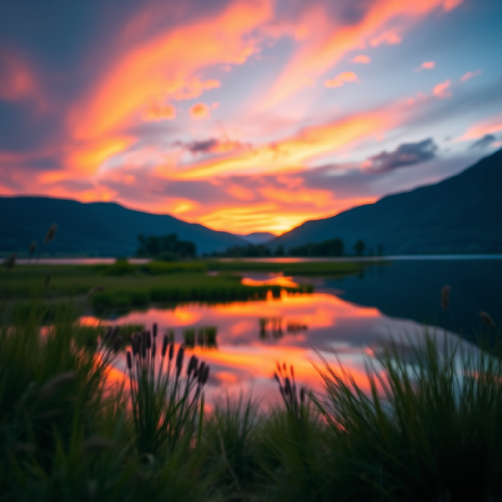 Generate a high-resolution image of a serene landscape at sunset with vibrant colors reflecting in a calm lake, using a Canon EOS R5 with a 24mm f/1.4 lens, aperture set to f/8, shutter speed at 1/125s, ISO 100, shot from a low angle to capture foreground details, with a soft-focus background effect for depth.