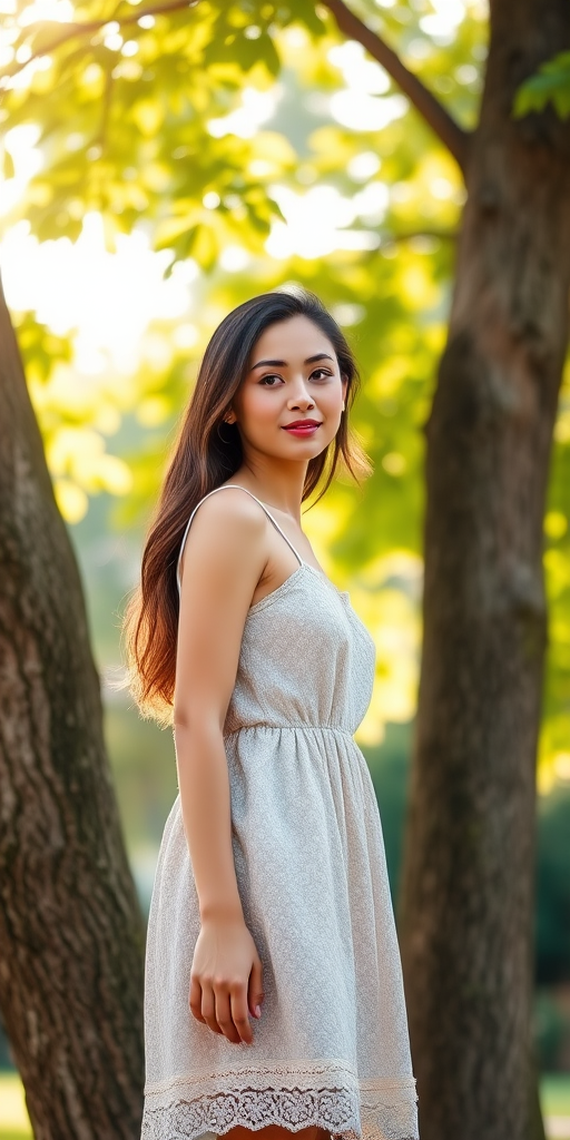 Generate a vibrant outdoor portrait of a young woman wearing a casual sundress, standing gracefully between two trees with lush green foliage and soft sunlight filtering through, using a DSLR camera with a 50mm lens, aperture f/2.8, ISO 200, and a shallow depth of field for a dreamy background effect.