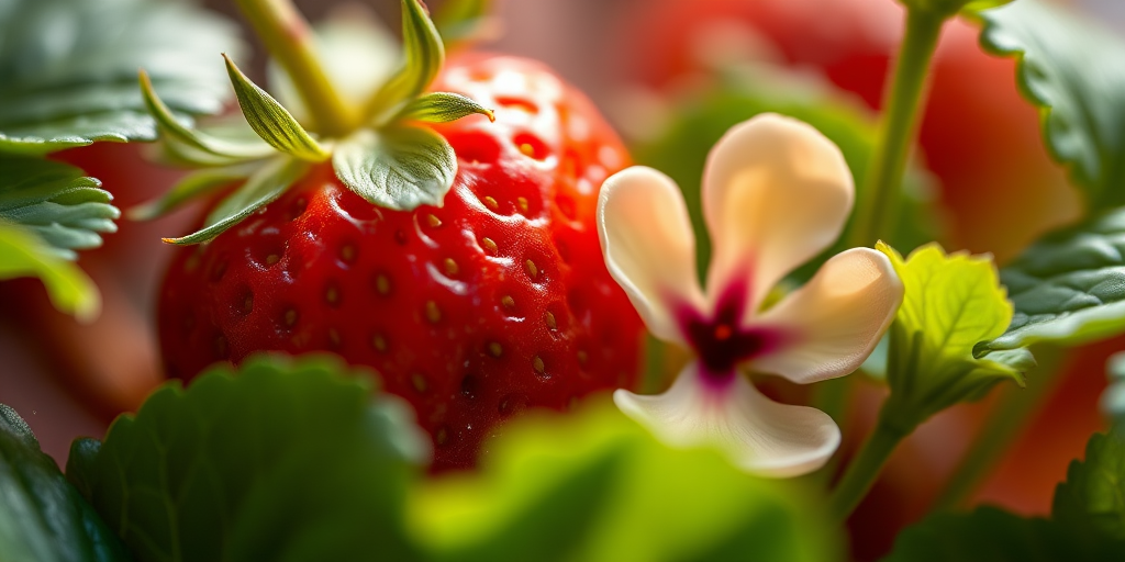 Close-up of a strawberry and flower among green leaves, macro photography, natural lighting, ISO 100, f/2.8, 50mm lens, shallow depth of field, DSLR camera.