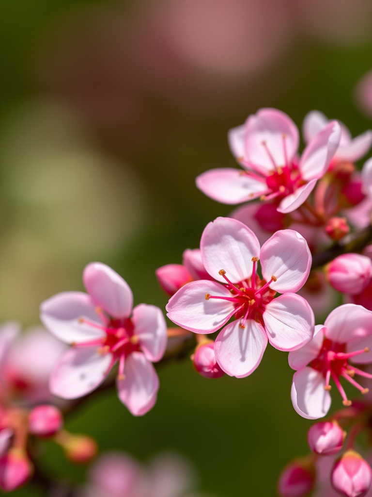 macro shot of pink and white blossoms on a green background with a shallow depth of field, f/2.8 aperture, 1/200 second shutter speed, ISO 100, using a DSLR camera in natural light with a 100mm macro lens
