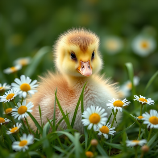 A fluffy duckling sitting in green grass adorned with daisies, captured with a Canon EOS 5D Mark IV, 50mm lens, f/1.8 aperture, ISO 100, natural lighting, shallow depth of field for a soft background blur.