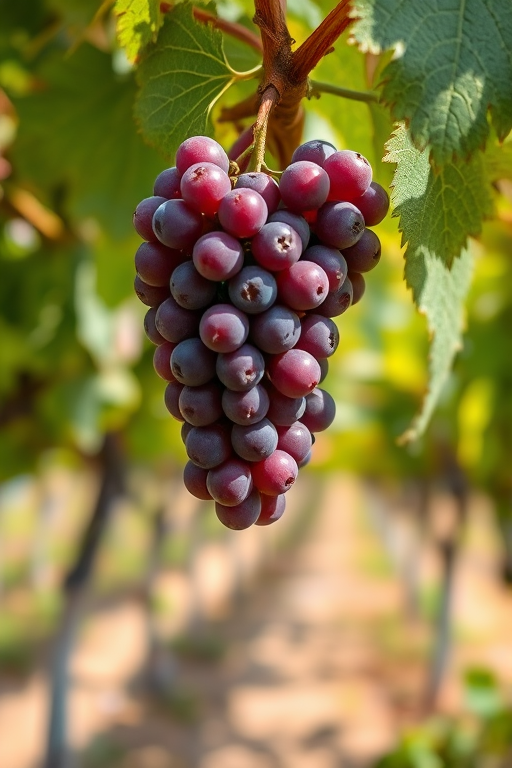 High-quality image of ripe grapes hanging from a vine in a vineyard, captured with a DSLR camera at f/4 aperture, 50mm lens, ISO 100, shallow depth of field, soft natural lighting, focused foreground with blurred background for added depth.