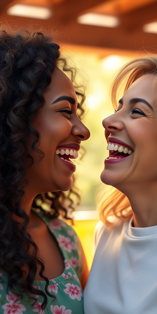 Create a vibrant, high-resolution illustration of two women laughing together, using a Canon EOS R5 camera with a 50mm f/1.2 lens, aperture set to f/2.8, ISO 100, in natural light, with a soft focus background to enhance the warmth and joy of the moment.