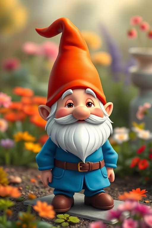 Regenerate a colorful illustration of a cartoon gnome with a prominent orange hat and a white beard wearing a blue coat, captured in high resolution with a Canon EOS R5 at f/2.8, ISO 100, 50mm lens, in a vibrant garden setting with a soft-focus background.