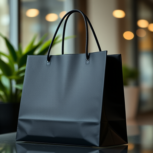 Create a realistic image of a sleek black shopping bag, captured with a DSLR camera at f/2.8 aperture, 50mm lens, ISO 100, in natural light, showcasing the bag's texture with a shallow depth of field.