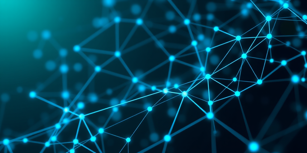 Generate an abstract digital network background featuring interconnected blue lines and nodes with a dark green gradient; use a Canon EOS R5 camera, f/2.8 aperture, ISO 100, 24mm lens, shot in a macro view to enhance details and clarity.