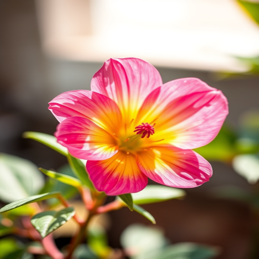 A vibrant watercolor painting of a pink and yellow flower with delicate petals and green leaves, captured in soft natural light with a shallow depth of field, using a Canon EOS R5 with a 50mm f/1.2 lens at ISO 100, aperture f/2.8, and a shutter speed of 1/200s.