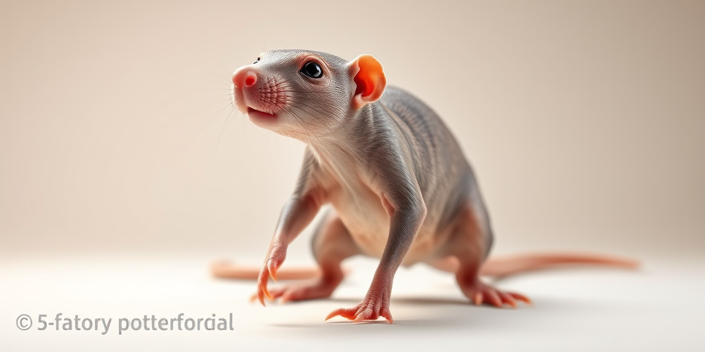 Create a highly detailed 3D render of a naked mole rat in a dynamic pose, captured with a DSLR camera at f/2.8 aperture, 50mm lens, ISO 100, in a well-lit studio setting with a soft-focus background to enhance the subject.