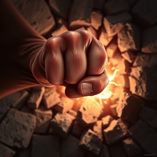 Create a hyper-realistic illustration of a powerful fist breaking through a crumbling wall, with dynamic lighting to emphasize the force of the impact, using a DSLR camera with a 50mm lens, f/1.8 aperture, ISO 200, and a shallow depth of field for dramatic effect.