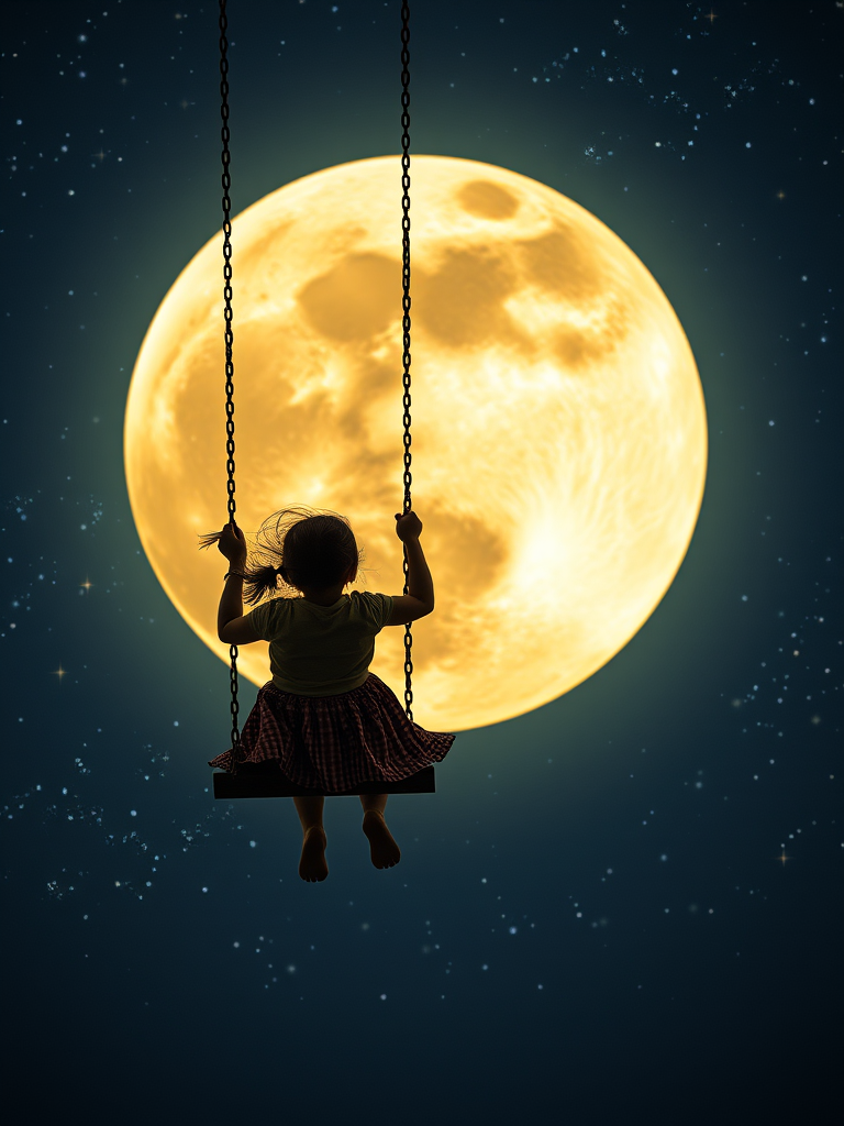 A girl swinging on a swing attached to a giant glowing moon in a starry night sky, captured with a Canon EOS-5D Mark IV, aperture f/2.8, shutter speed 1/60s, ISO 100, wide-angle view, high dynamic range style.