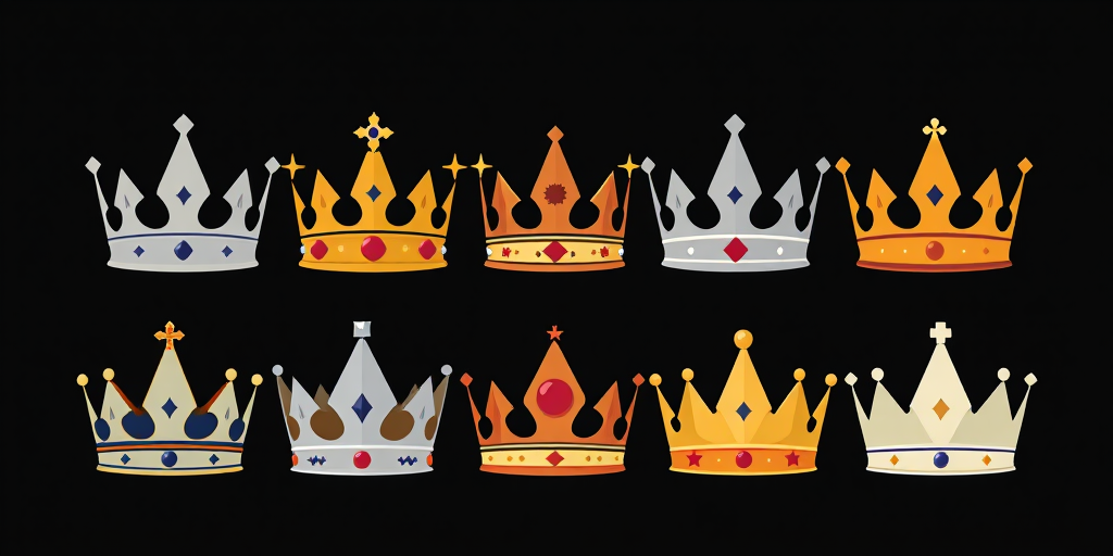 Create an image of eight premium crowns arranged in a grid on a dark background, using a DSLR camera, aperture f/4, ISO 100, focal length 50mm, shot from a straight-on view, in a clean vector style to enhance clarity and detail.