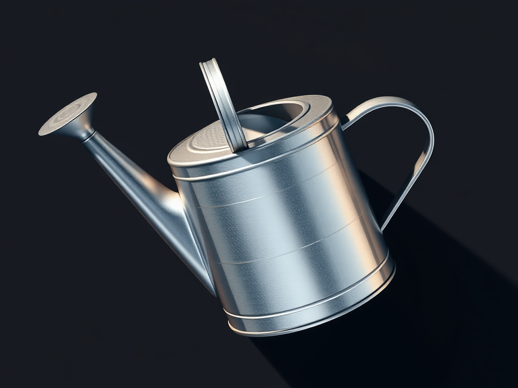Create an illustration of a watering can with a metallic finish, soft lighting, high contrast, using a DSLR camera, f/2.8 aperture, ISO 100, 50mm lens, top-down view, flat lay style.