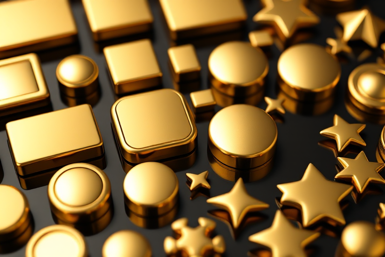 Create an image of various gold buttons and shapes including rectangles, circles, and stars, with smooth gradients and glossy surfaces, using a DSLR camera with a 50mm lens, f/1.8 aperture, 1/200 shutter speed, ISO 100, and a shallow depth of field to emphasize reflections and details.