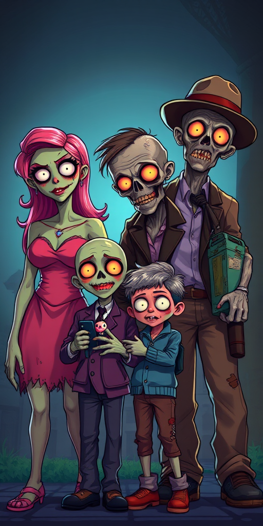 generate a high-resolution illustration of a zombie family standing together, featuring a female zombie with pink hair, a young boy zombie holding a toy, a male zombie in a suit, and another male zombie in a hat, with dramatic lighting, vibrant colors, and detailed textures, shot with a Canon EOS R5, 50mm lens, f/1.8 aperture, ISO 100, at eye level, in a semi-realistic cartoon style
