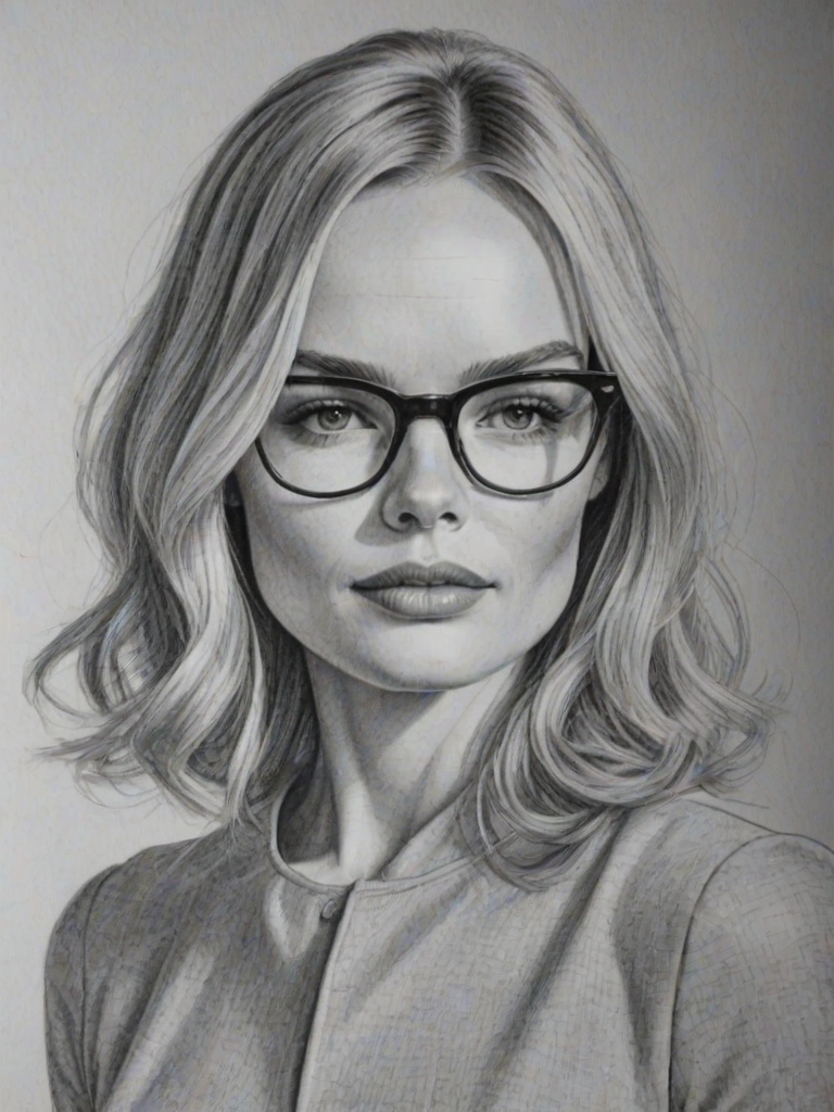 Elegant Kate Bosworth, pencil sketch, portrait of Bewitching woman 1963s in glasses, hair style beatnik, outline, clear lines, fine lines, 8k