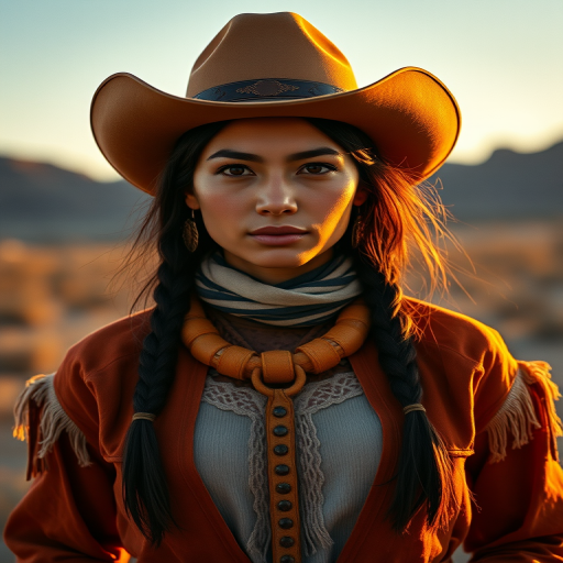 Dramatic photo of a beautiful Aymara woman, classic cowboy attire, confident and free spirit expression, half-length portrait, centered, golden hour desert landscape, warm, diffused light, low angle, medium format film camera, in style of Annie Leibovitz.