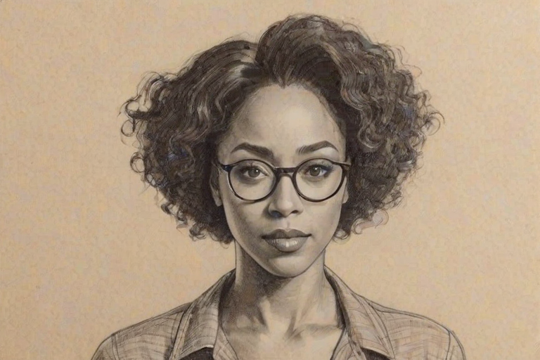 Appealing Simone Missick, pencil sketch, portrait of Sublime woman 1932s in glasses, hair style beatnik, outline, clear lines, fine lines, 8k