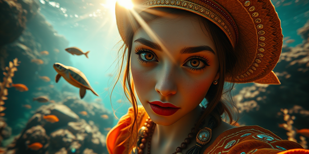 Realistic selfie image of a Romani, wearing a vintage outfit, detailed dreamy eyes, droopy hooded eyes, staring at the camera, taken underwater at coral reef with a sunbeam filtering through the water, vibrant, summer vacation, natural lighting, turtle and school of tropical fish with vibrant colors, rendered in the style of CryEngine, Pegi Nicol MacLeod, with realistic genre scenes, hauntingly beautiful narratives, ultra-realism, and Thomas Saliot's close-up technique, 8K resolution, crystal clear and sparkling water.