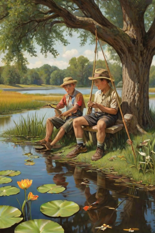 Imagine a small group of old fashioned young boys out fishing by the creek, a swing hanging from a tree branch, reeds and grasses by the water's edge, a frog sitting on a lily pad, dragonflies hovering over som water plans, a very iconic old fashioned scene reminiscent of a Norman Rockwell painting style