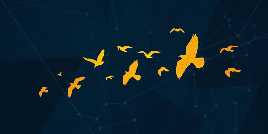 Create an image of a golden silhouette of various birds in flight against a dark blue abstract background featuring interconnected geometric lines, using a DSLR camera with a 50mm lens, aperture f/1.8, ISO 100, and a shallow depth of field for enhanced clarity and detail.