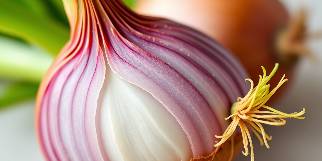 Create a highly detailed digital illustration of an onion with vibrant green shoots, using a DSLR camera with a 50mm lens, aperture set to f/2.8 for a shallow depth of field, and a soft focus background to enhance the onion's texture and colors.