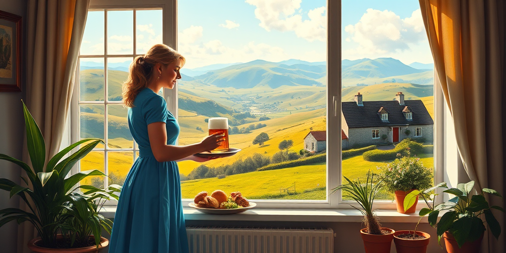 In "A Glass of Beer on the Highland," a serene scene is depicted in a sunlit room where a woman in a vibrant blue dress stands by a large window. She holds a tray with a hearty meal and a frothy glass of beer, embodying a moment of relaxation. Outside, the breathtaking highland landscape features rolling green hills and a charming traditional house, all bathed in warm afternoon light. The interior is adorned with potted plants, creating a harmonious blend of comfort and nature. The painting beautifully captures the tranquility and joy found in simple pleasures amidst stunning scenery