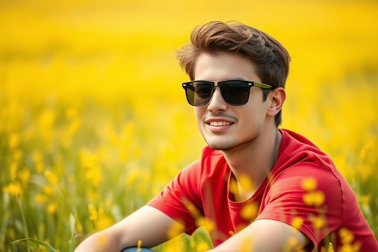 portrait of a young man sitting in a field wearing sunglasses and a red shirt with a relaxed expression shallow depth of field focus on subject with vibrant yellow grass in background shoot with a Canon EOS 90D at f/2.8, ISO 100, shutter speed 1/500, shot in natural light