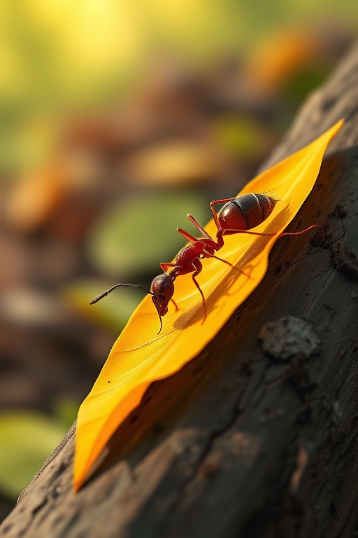 illustration of an ant on a log with a yellow leaf in a natural setting, depth of field: f/4, ISO 100, 50mm lens, macro view, digital illustration style, high contrast and vibrant colors