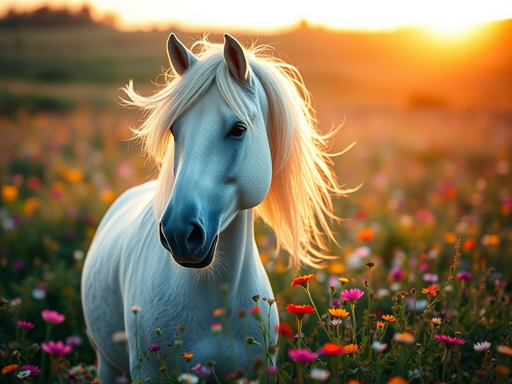 A majestic white horse with a flowing mane in a vibrant flower-filled meadow during golden hour, soft focus, aperture f/2.8, ISO 100, shot at 50mm with a DSLR camera, portrait style, natural lighting.