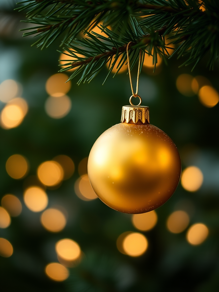 Capture a close-up shot of a golden Christmas ornament hanging from a pine tree branch with a blurred background of soft, twinkling lights, using a DSLR camera with a 50mm lens at f/1.8, ISO 200, shutter speed 1/100 sec, in natural daylight for enhanced bokeh effect.