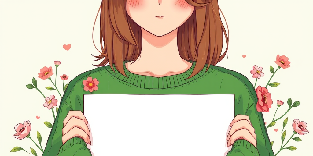 Create an illustration of a person with medium-length brown hair, wearing a green sweater, holding a blank sign surrounded by flowers and decorative elements, using a digital art style, close-up view, with vibrant colors and clean lines, enhancing image quality with high resolution settings and a soft-focus background for depth.