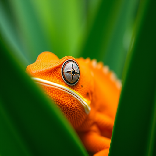Close-up shot of a vibrant orange chameleon partially hidden among green leaves, using a Canon EOS R5, 85mm lens, aperture f/2.8, ISO 100, natural light, shallow depth of field for enhanced clarity and detail.