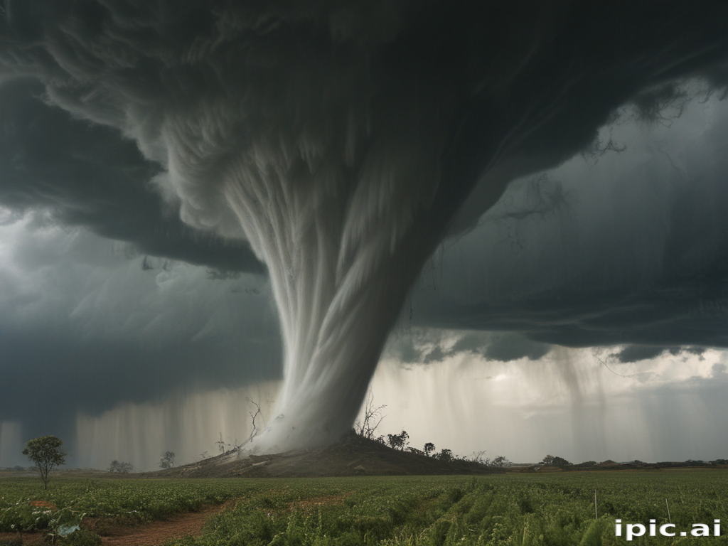 Powerful Tornado Forming Over a Rural Landscape Under Dark Storm Clouds