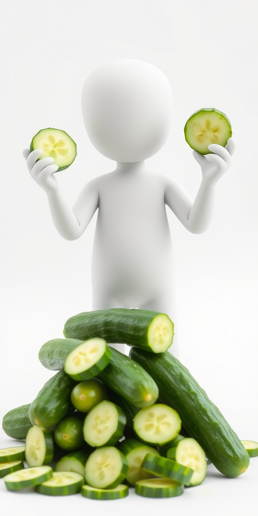 Generate an image of a featureless humanoid figure playfully holding cucumber slices while standing beside a pile of fresh cucumbers, with a clean white background, using a Canon EOS R5 camera, 50mm lens, aperture f/2.8, ISO 100, and 1/200 second shutter speed for optimal quality.