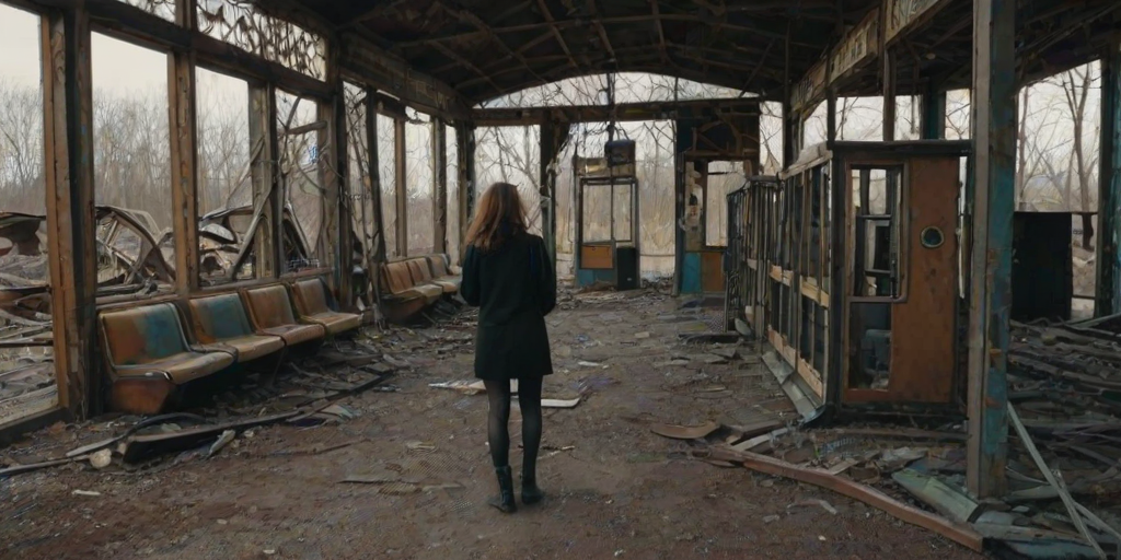 Abandoned amusement park, rusted rides and broken ticket booths, a woman with a camera carefully steps through the debris, capturing the eerie beauty of the forgotten place.