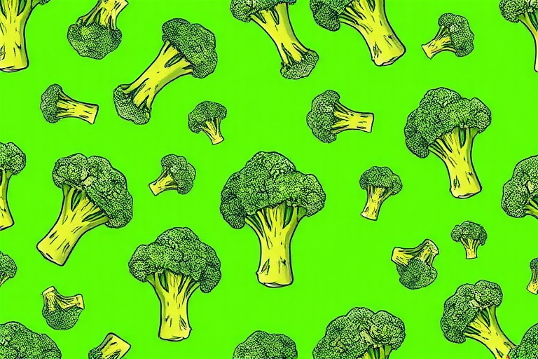 create a seamless pattern of hand-drawn broccoli on a vibrant green background, using a Canon EOS 90D camera with a 50mm f/1.8 lens, aperture set to f/2.8, ISO 100, natural lighting, top-down view, vibrant colors and sharp details